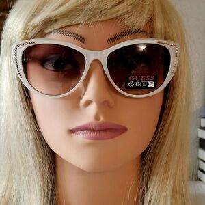 GUESS Subtle Cat Eye White Frames with Rose Gold and Gem Design Sunglasses